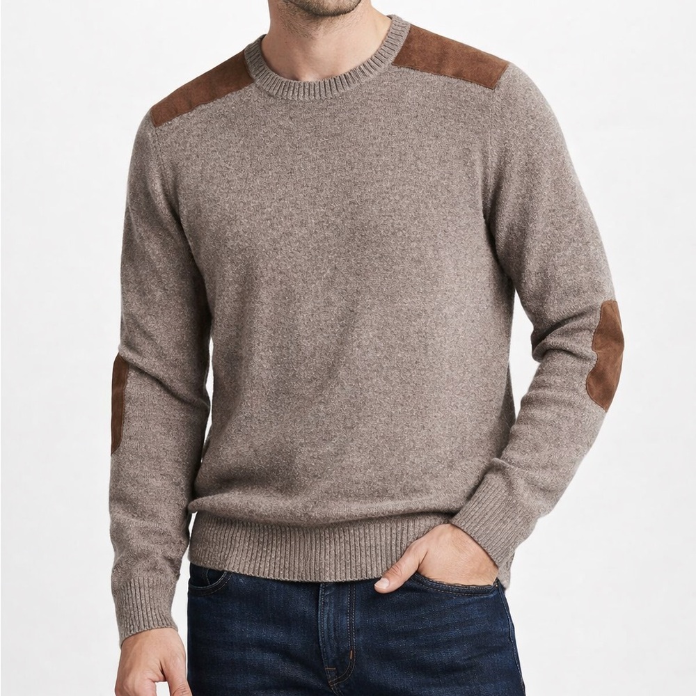 Autumn Cashmere Sweater Suede Shoulder Elbow Patches Crewneck Brown Tan size XL
